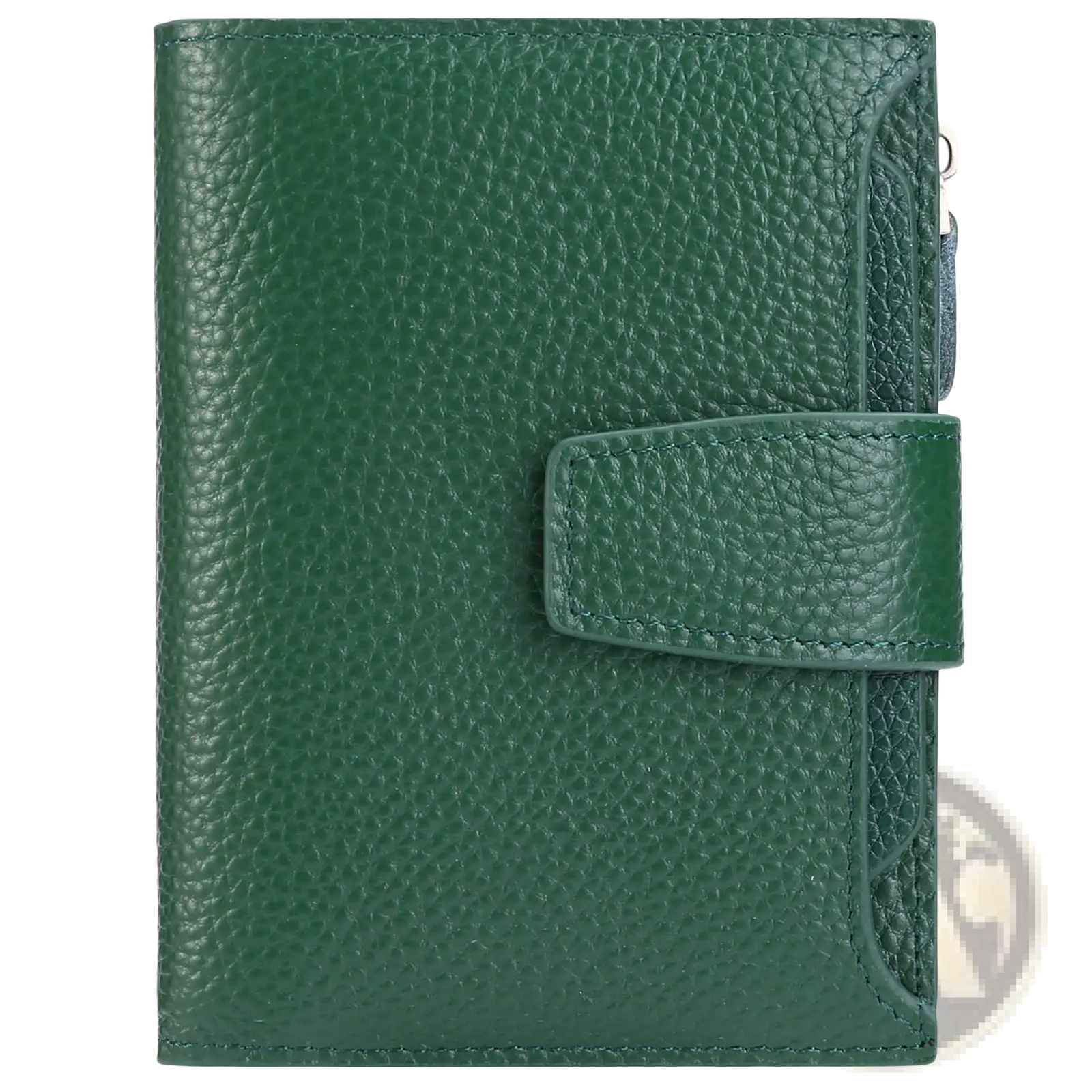 Rfid leather wallet in deep green textured leather with matching flap closure and subtle stitching details