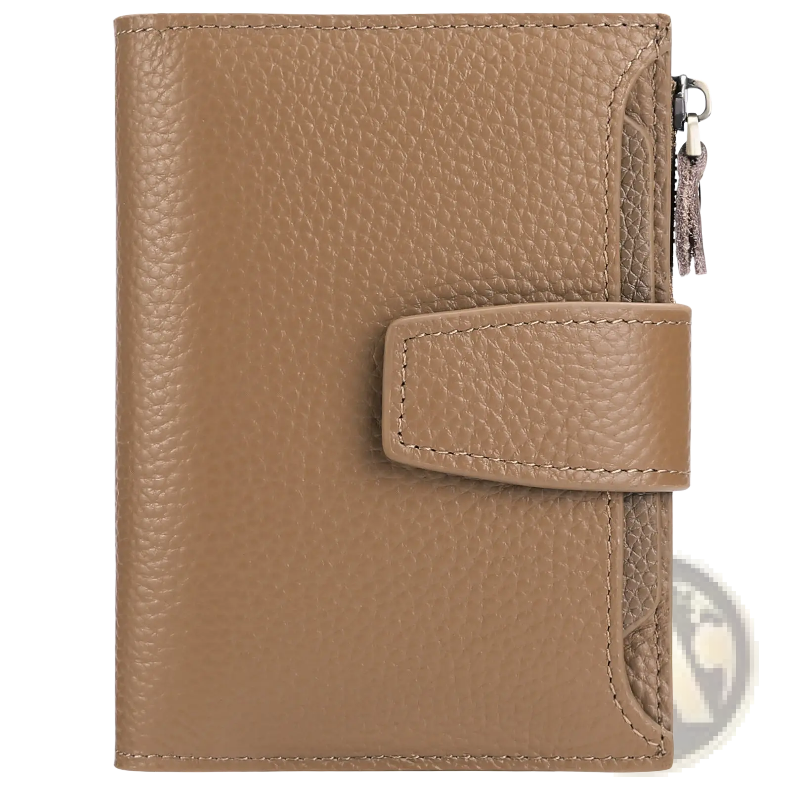 Tan pebbled leather rfid wallet with silver zipper and matching strap closure featuring anti theft protection