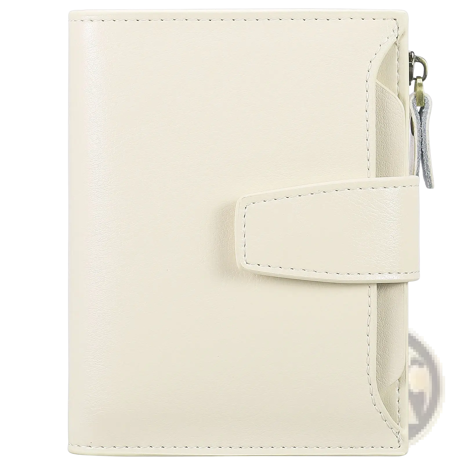 Cream-colored leather rfid wallet with flap closure, side zipper, and anti theft feature shown from the back side