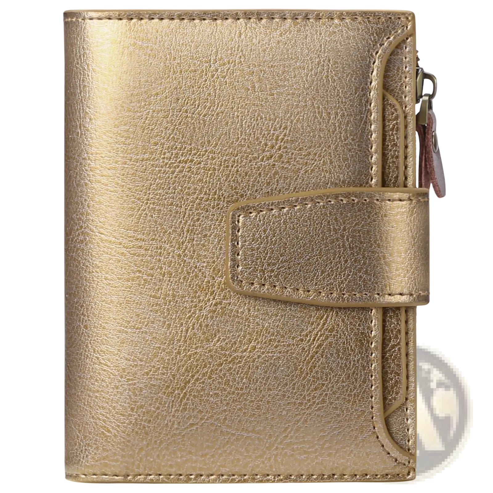 Gold metallic rfid leather wallet with textured finish and zipper closure featuring anti theft technology