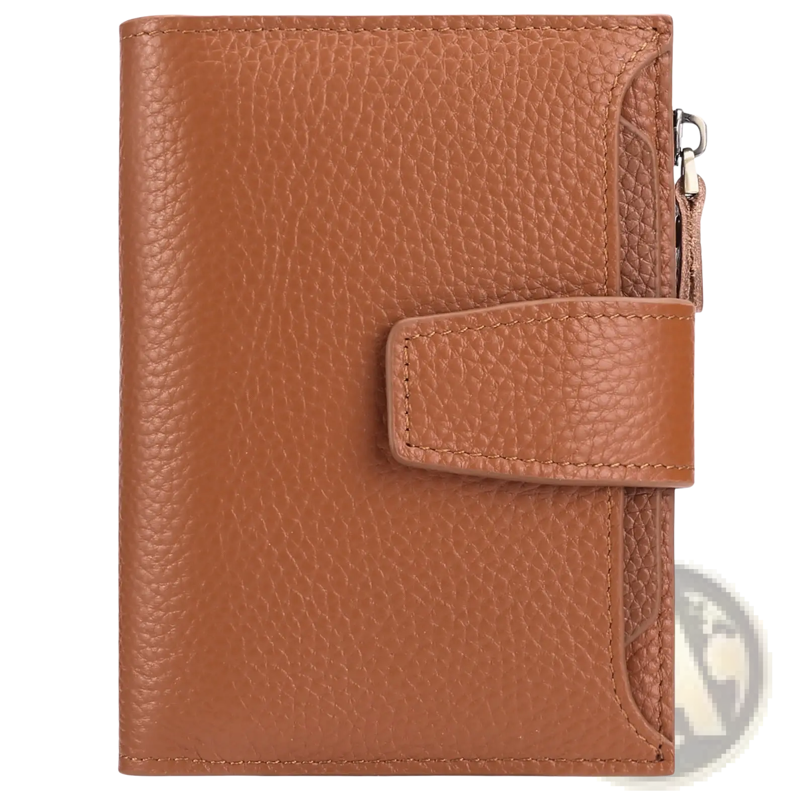 Tan leather rfid wallet with pebbled texture and matching flap closure featuring zipper and anti theft design