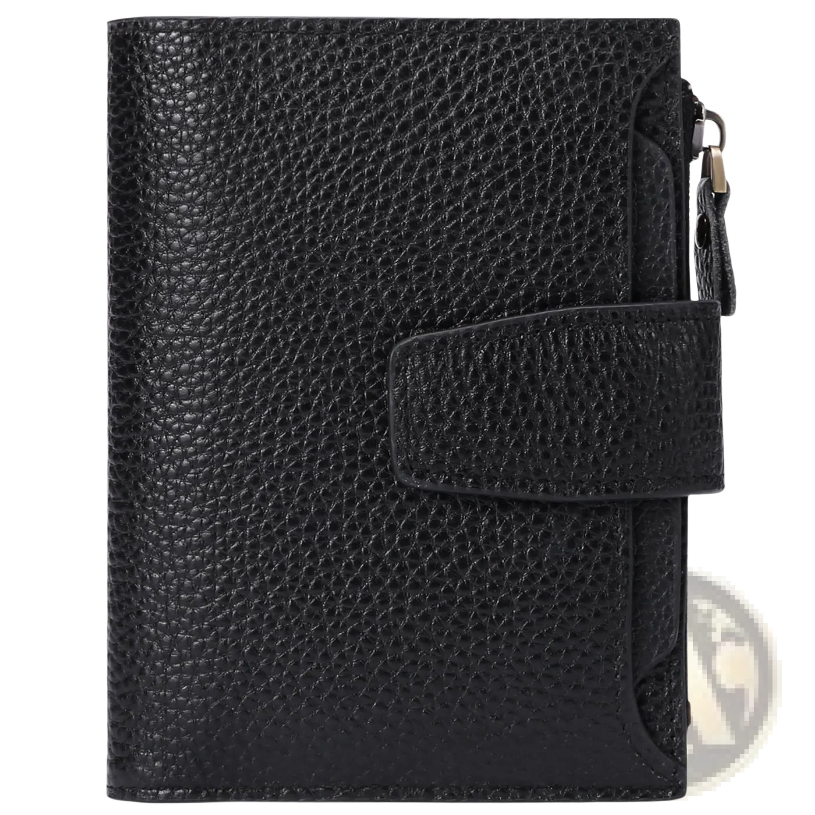 Rfid black textured leather wallet with flap closure and side zipper featuring anti theft protection