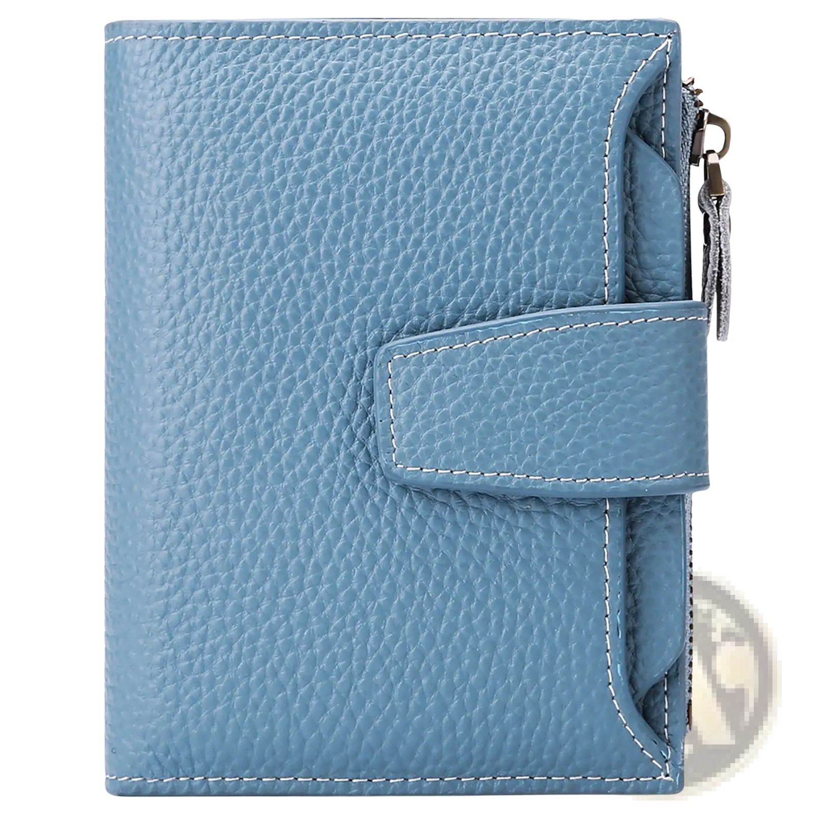 A light blue textured leather rfid wallet with zipper and flap closure featuring anti theft protection