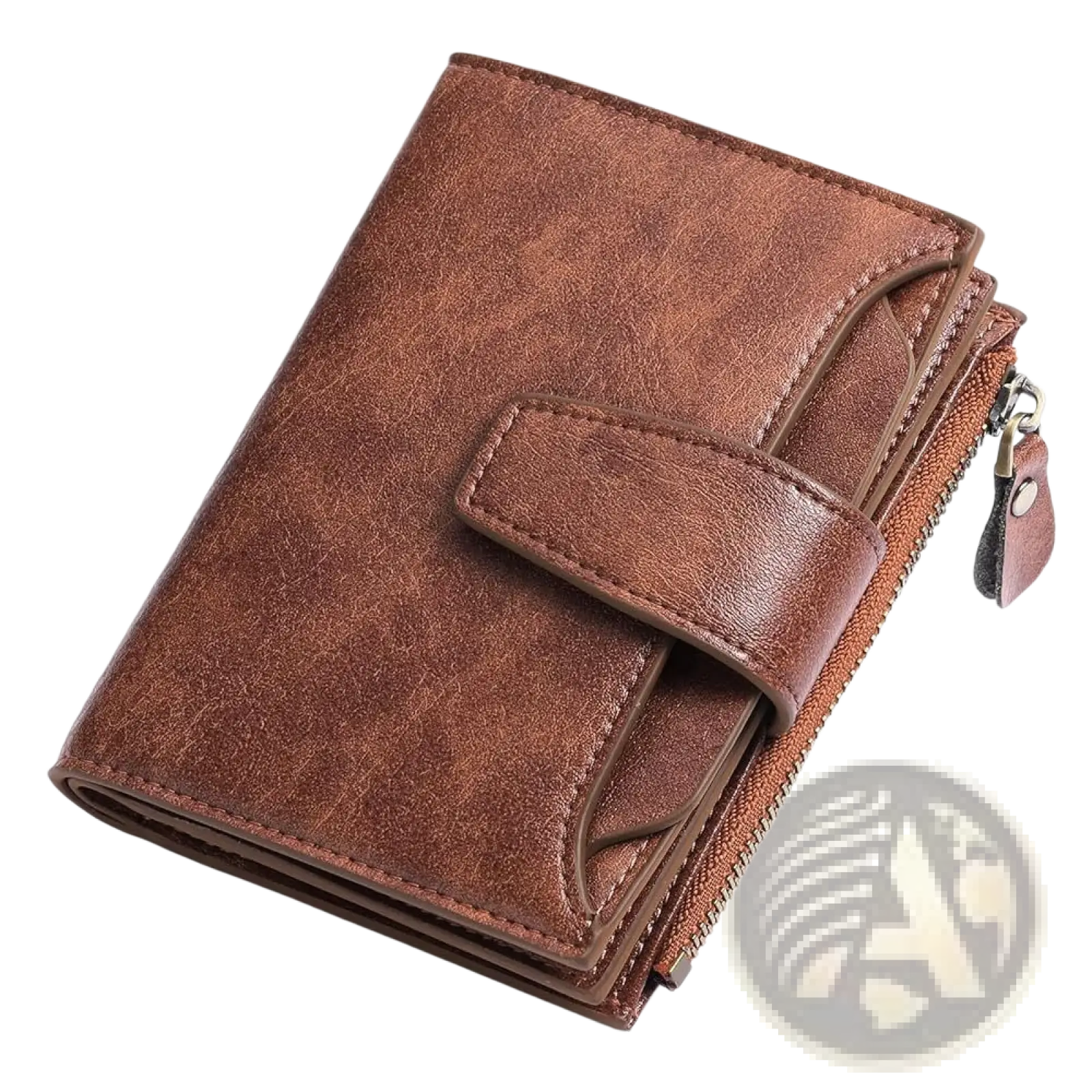 Brown leather rfid wallet with flap closure zipper compartment and anti theft feature for secure storage