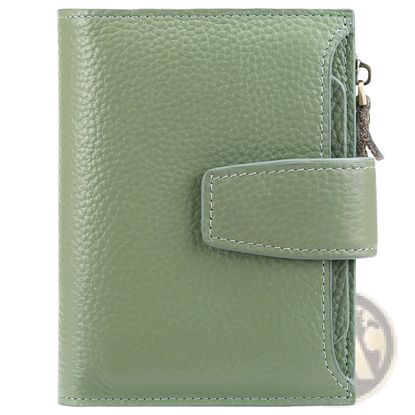 A sage green rfid leather wallet with textured surface, gold-toned zipper pull, and anti theft flap closure