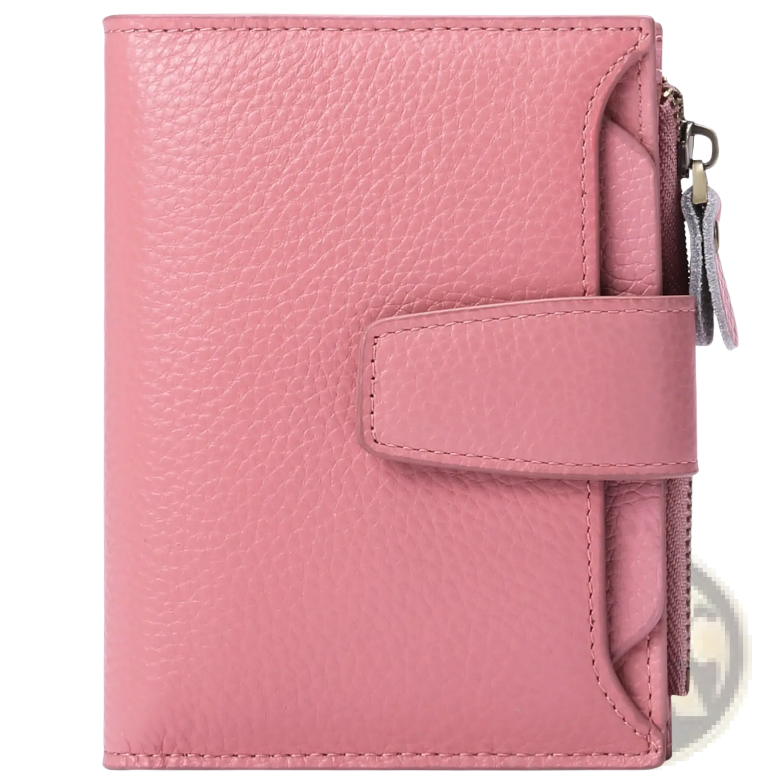 A pink textured leather rfid wallet with flap closure zipper and anti theft feature for secure storage