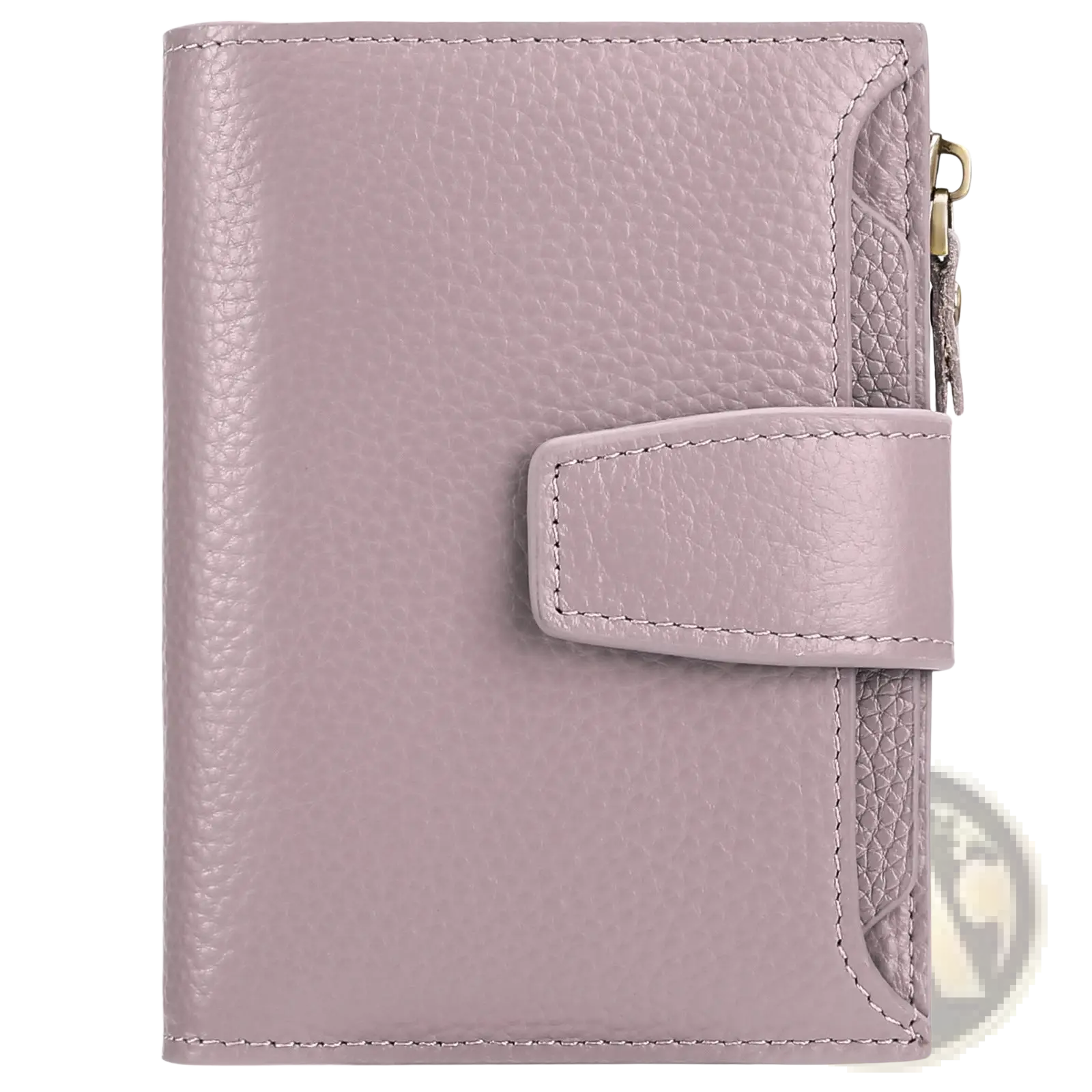 Lavender textured leather RFID wallet with zipper closure and matching strap featuring anti theft protection
