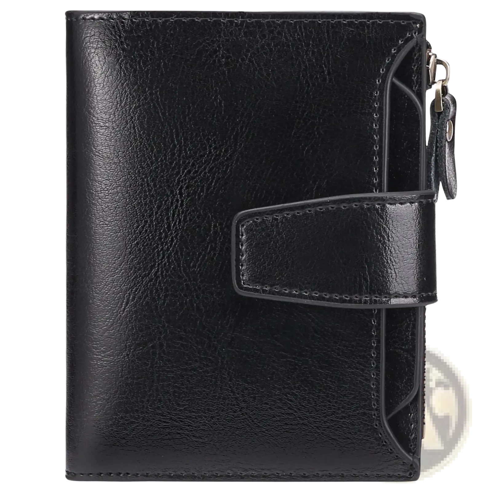 Black leather rfid wallet with flap closure zipper on side and anti theft feature for secure storage