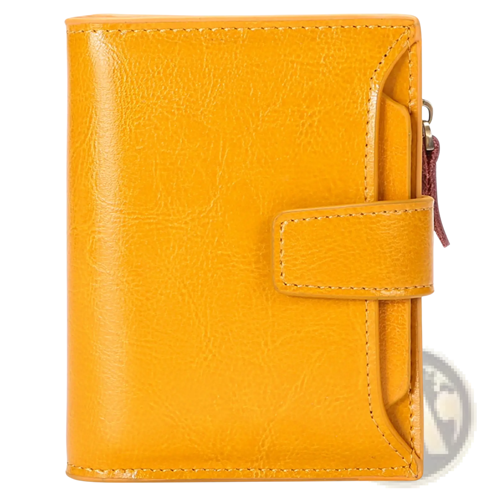 Rfid leather wallet in vibrant yellow with matching strap closure and burgundy zipper pull featuring anti theft design