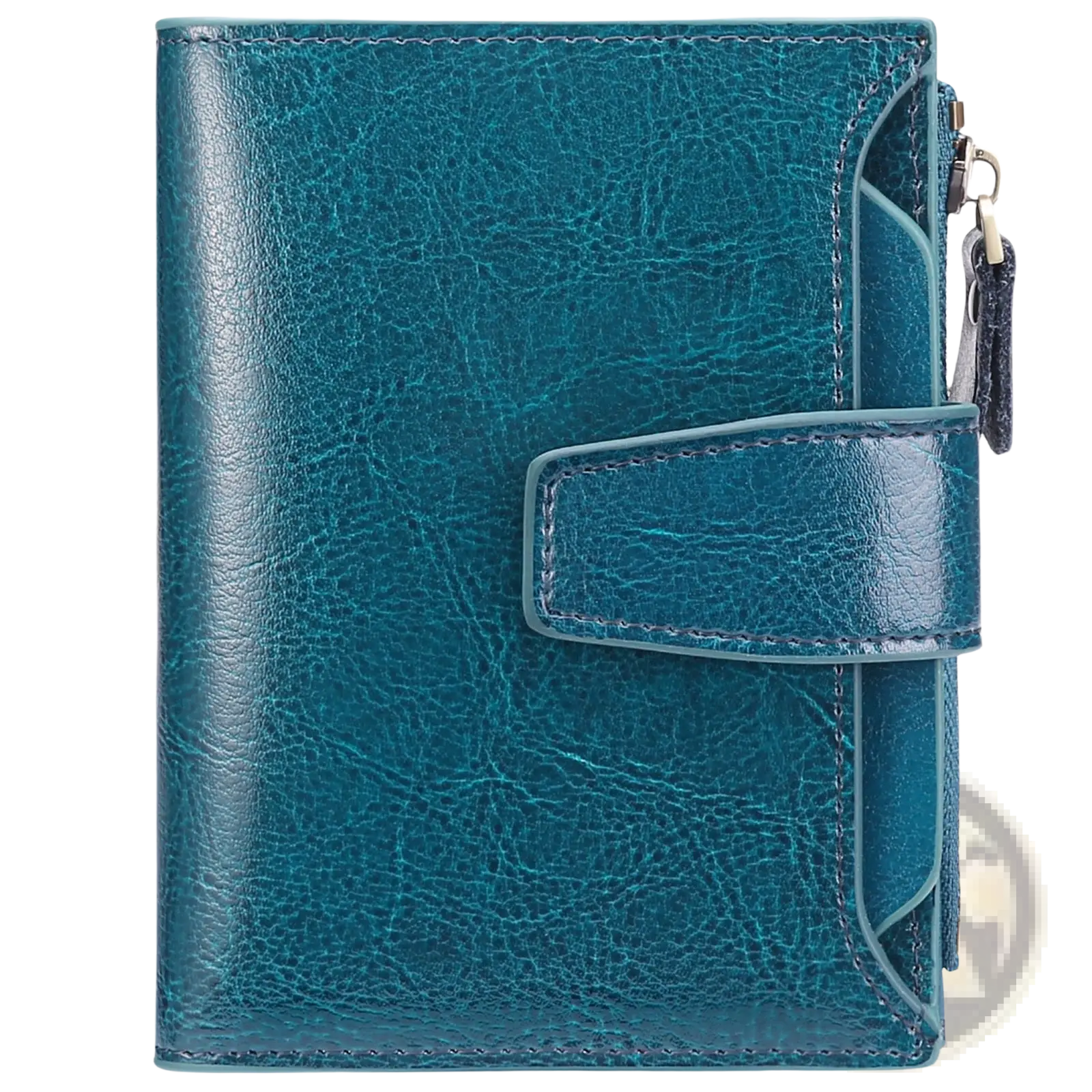 Teal leather RFID wallet with flap closure zipper pocket and anti theft feature for secure storage
