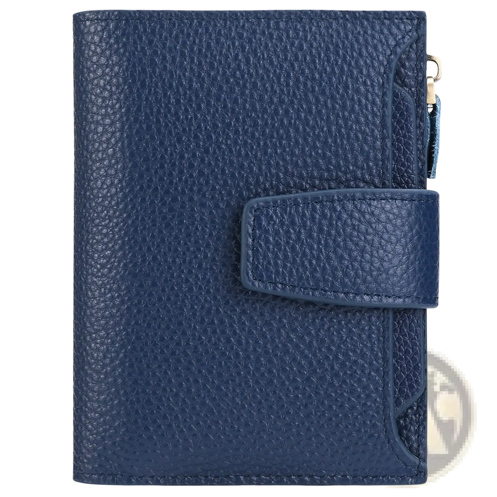 Navy blue textured leather RFID wallet with gold-toned zipper and matching strap closure featuring anti theft protection