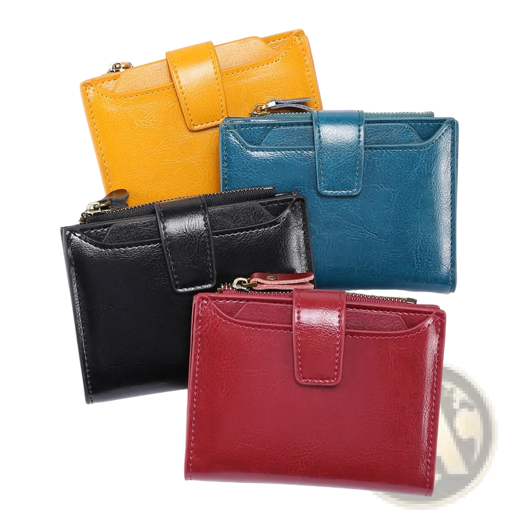 Four compact rfid leather wallets with zipper and anti theft feature in yellow teal black and red displayed together