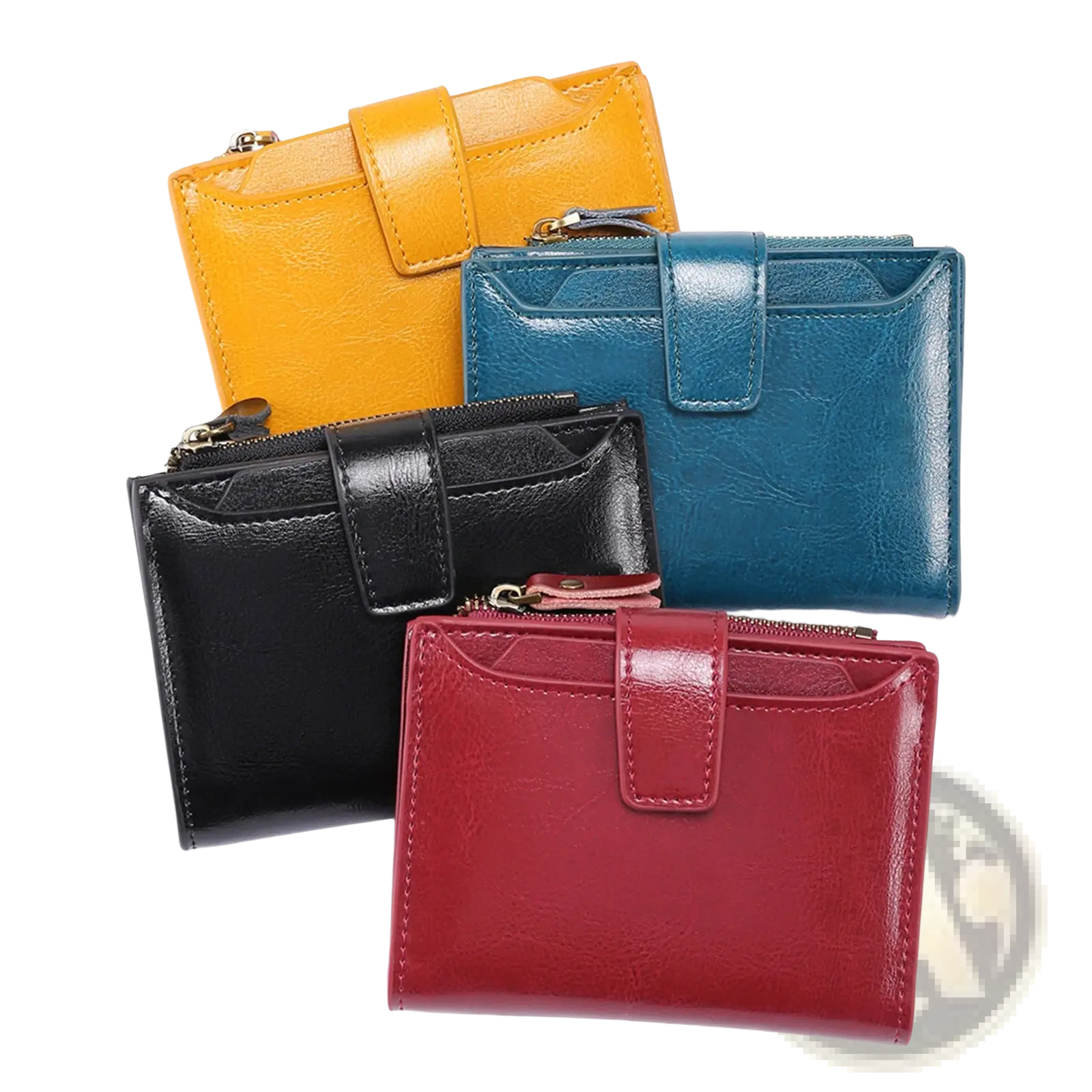 Four compact rfid leather wallets with zipper and anti theft feature in yellow teal black and red displayed together