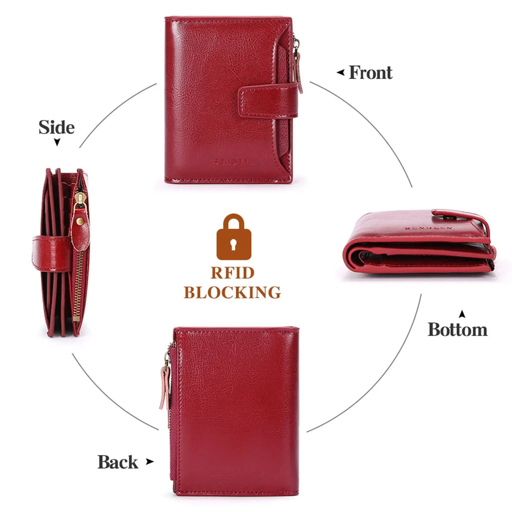Red leather rfid wallet with zipper closure and anti theft rfid blocking feature for secure card protection