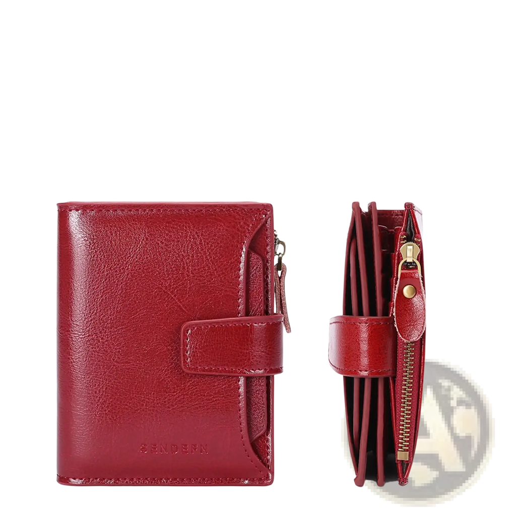 Red leather RFID wallet with zipper closure and flap strap featuring anti theft technology for secure storage