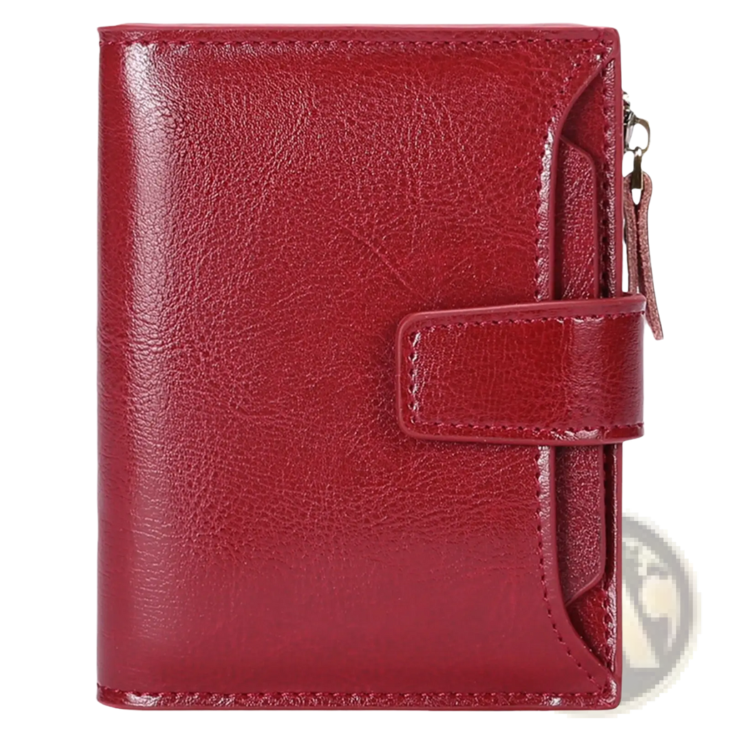 Red leather rfid wallet with flap closure and side zipper featuring anti theft protection