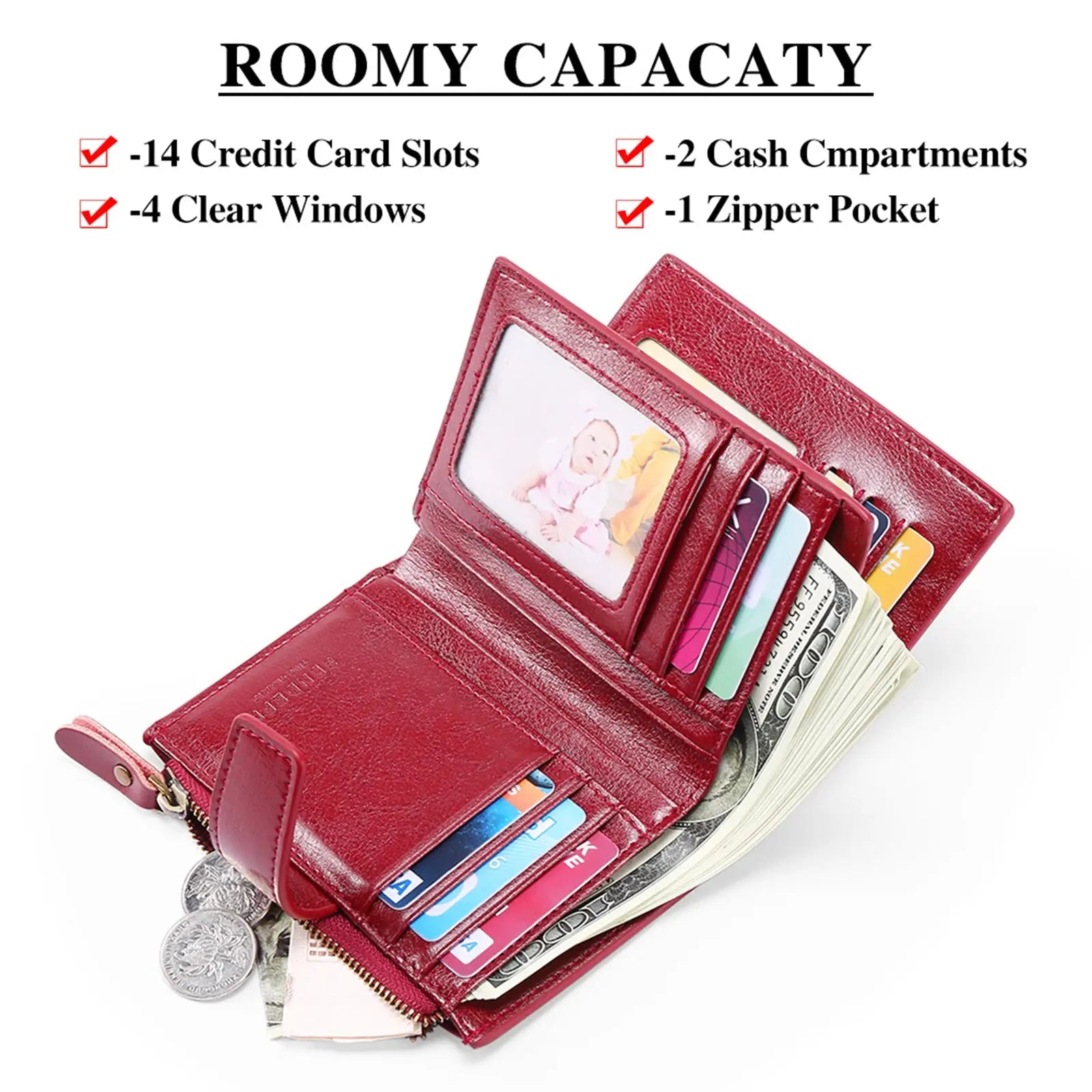Red leather rfid wallet with zipper pocket multiple card slots and anti theft feature for secure storage