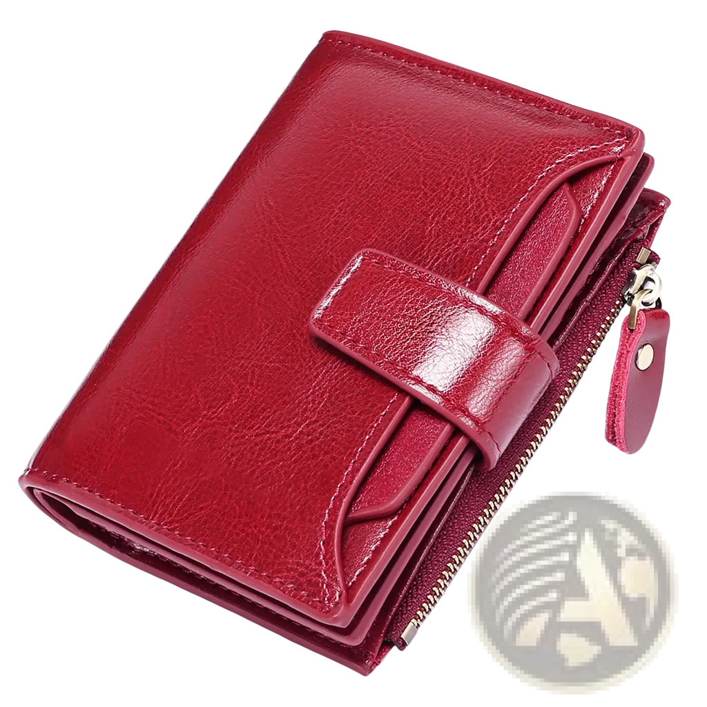 A sleek glossy red leather rfid wallet with flap closure zipper compartment and anti theft feature