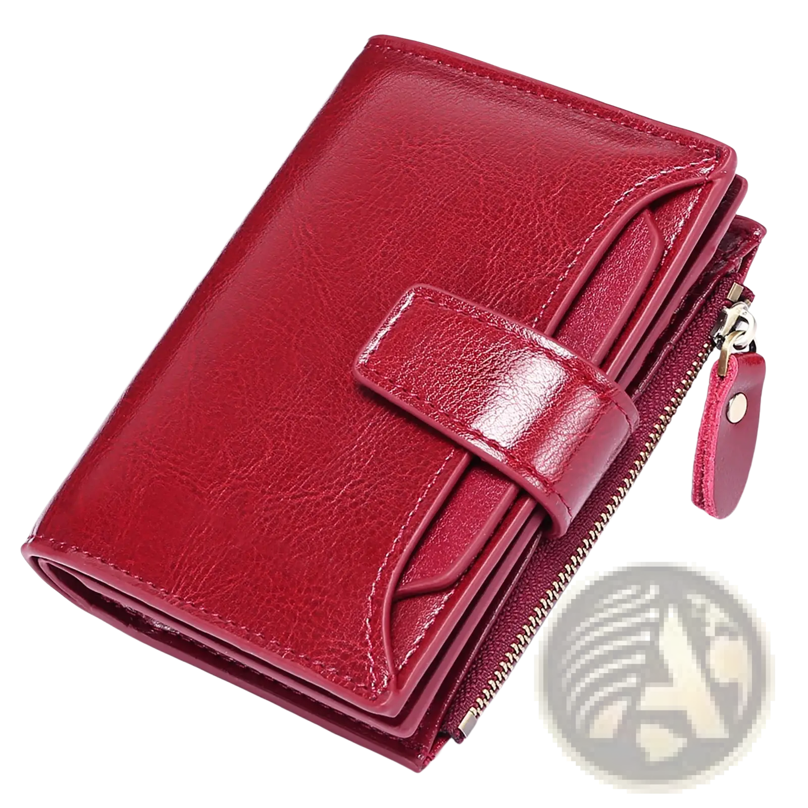 A sleek glossy red leather rfid wallet with flap closure zipper compartment and anti theft feature