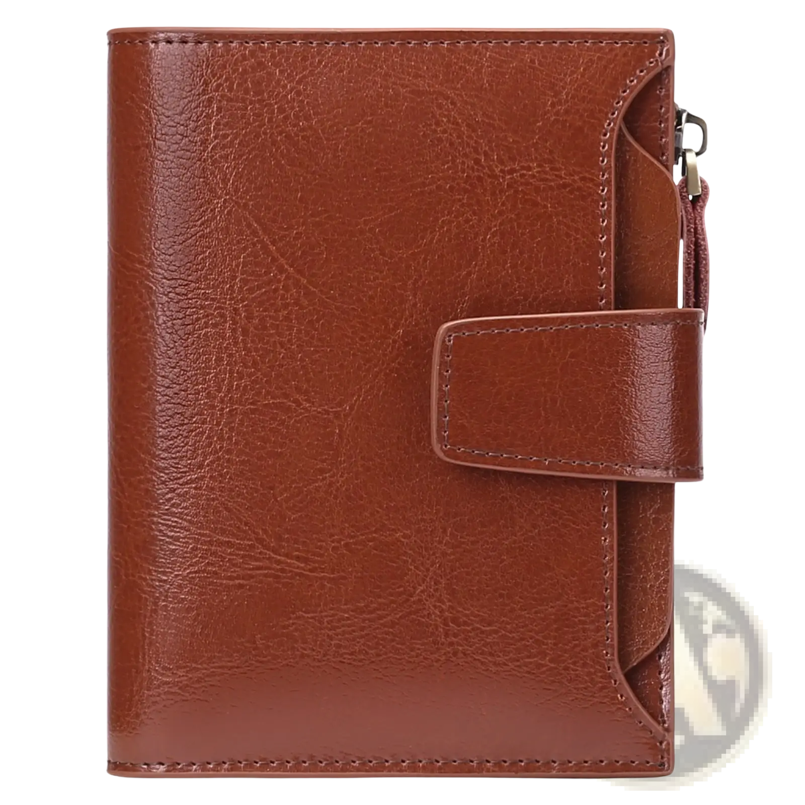 Brown leather rfid wallet with flap closure zipper on side featuring anti theft protection design