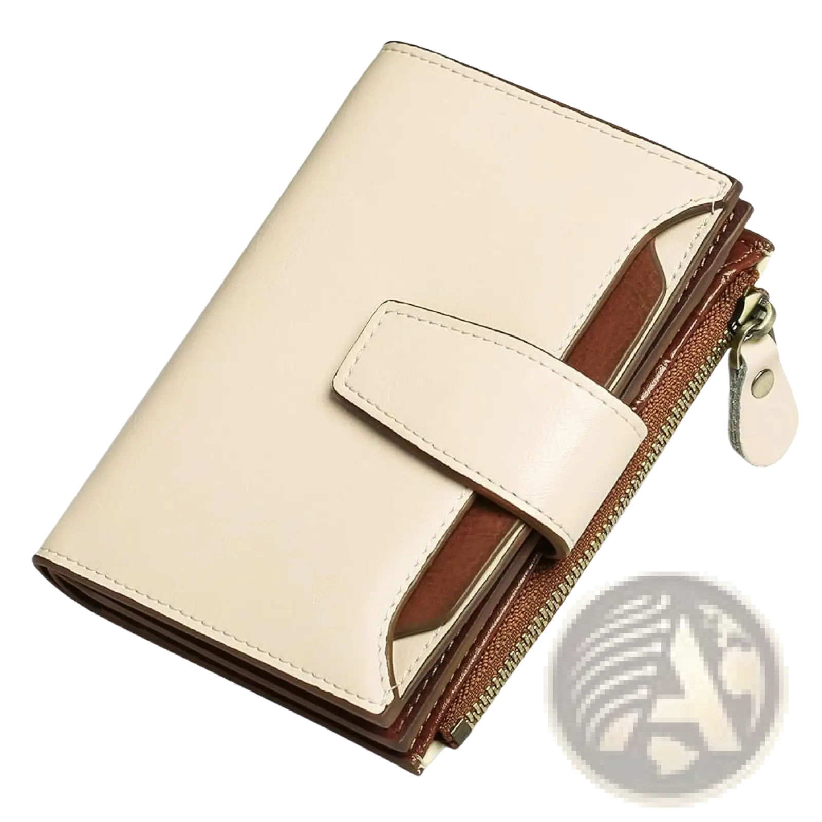 Cream-colored leather rfid wallet with brown accents and zipper closure featuring anti theft technology