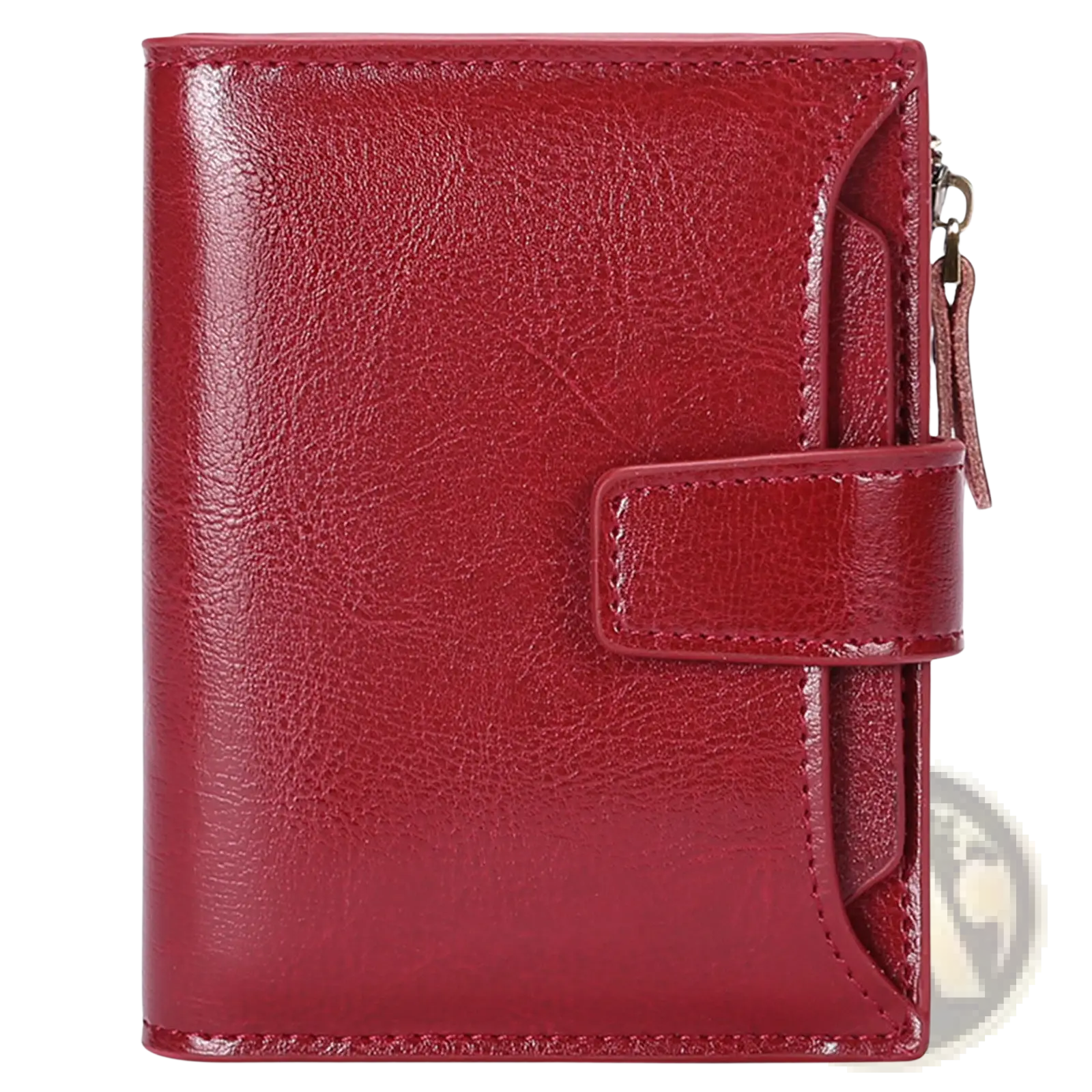 Rfid leather wallet in rich red with textured flap closure and zipper side anti theft feature