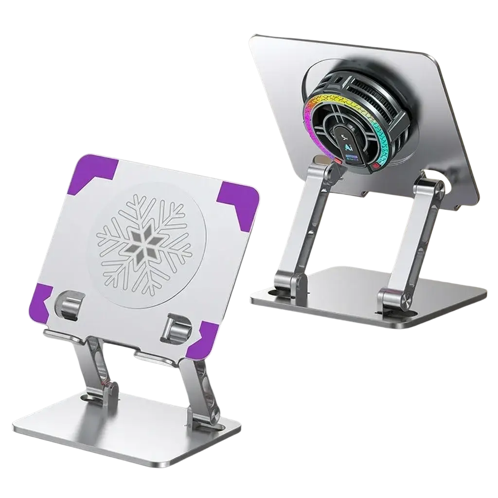 Rgb gaming tablet stand with premium ice-silver magnetic cooling dock featuring snowflake design and purple accents