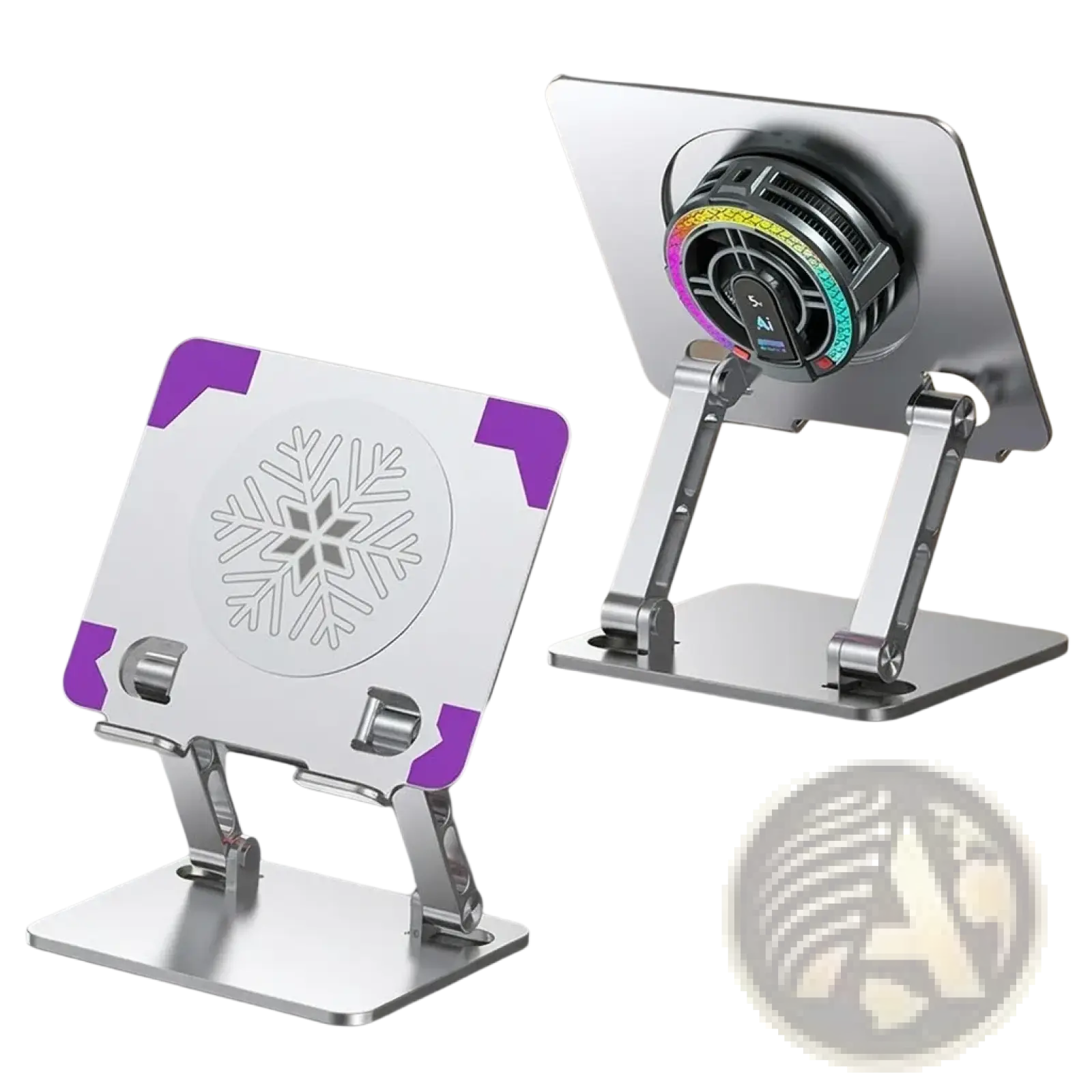 Rgb gaming tablet stand with premium ice-silver magnetic cooling dock featuring snowflake design and purple accents
