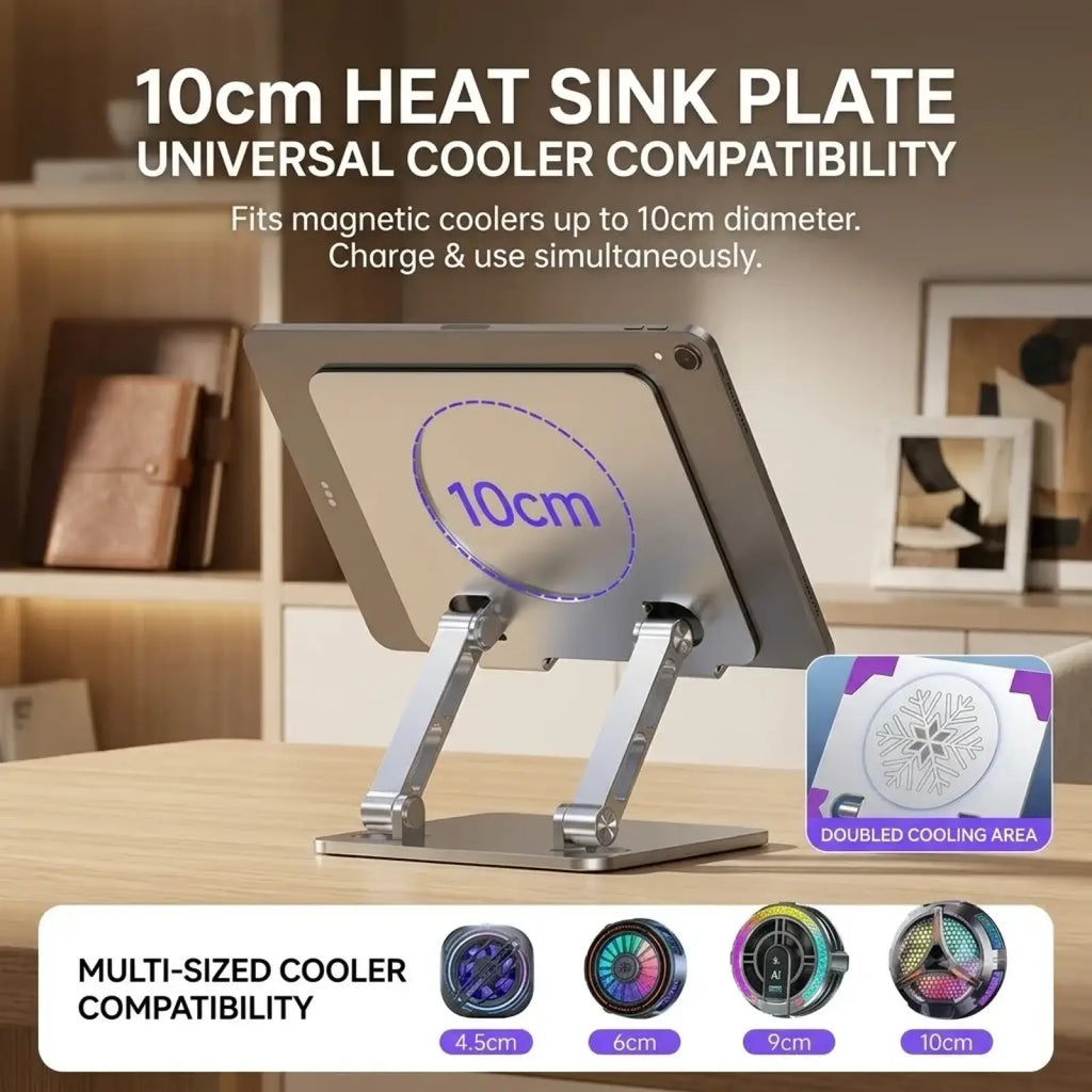 Silver 10cm heat sink plate with sleek minimalist design for universal cooler compatibility in rgb gaming tablet stand with cooling fan