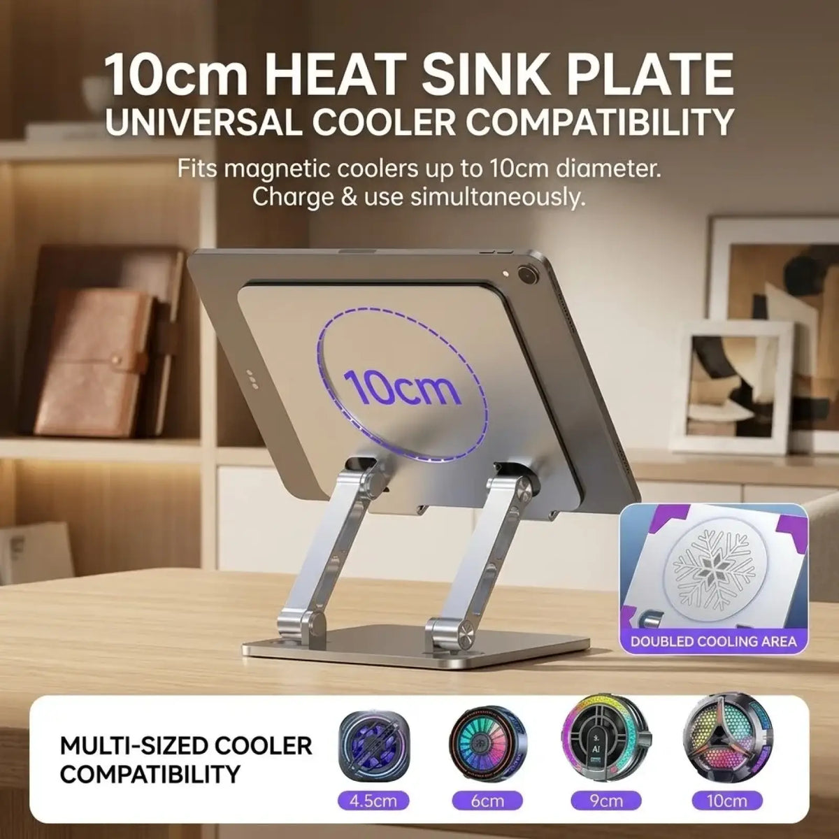Silver 10cm heat sink plate with sleek minimalist design for universal cooler compatibility in rgb gaming tablet stand with cooling fan