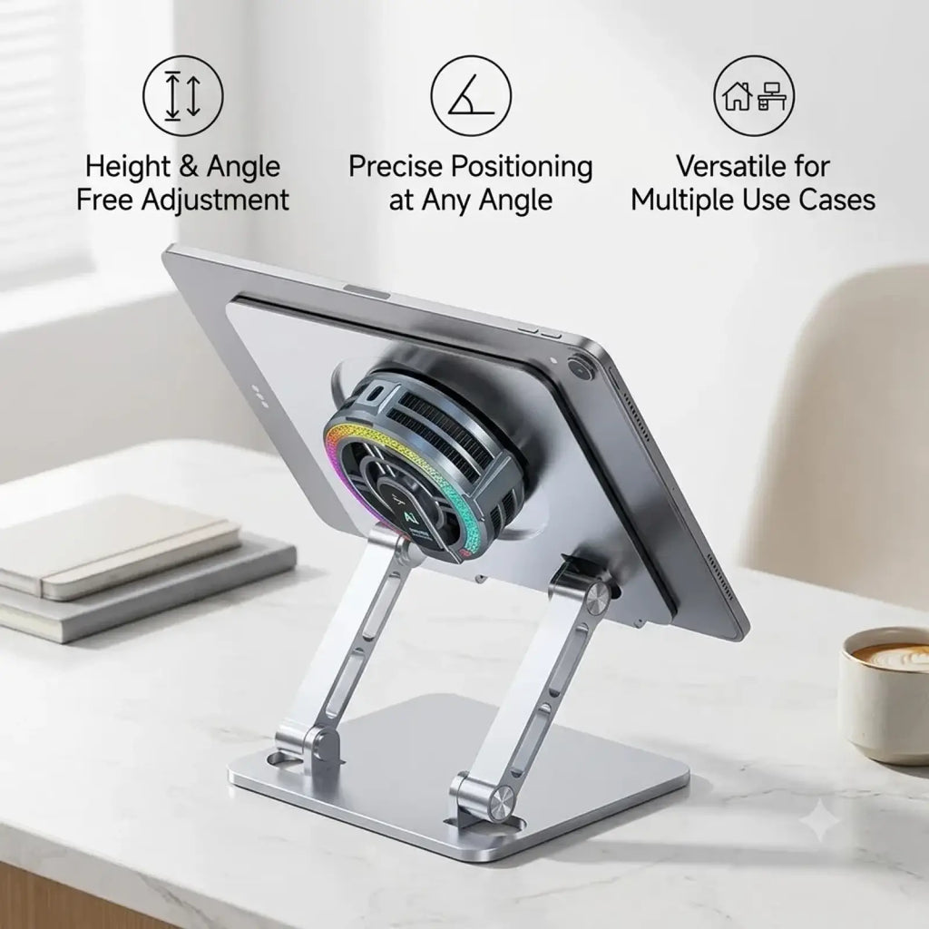 Silver adjustable gaming tablet stand made of metal with built-in cooling fan and rainbow led lighting for enhanced cooling