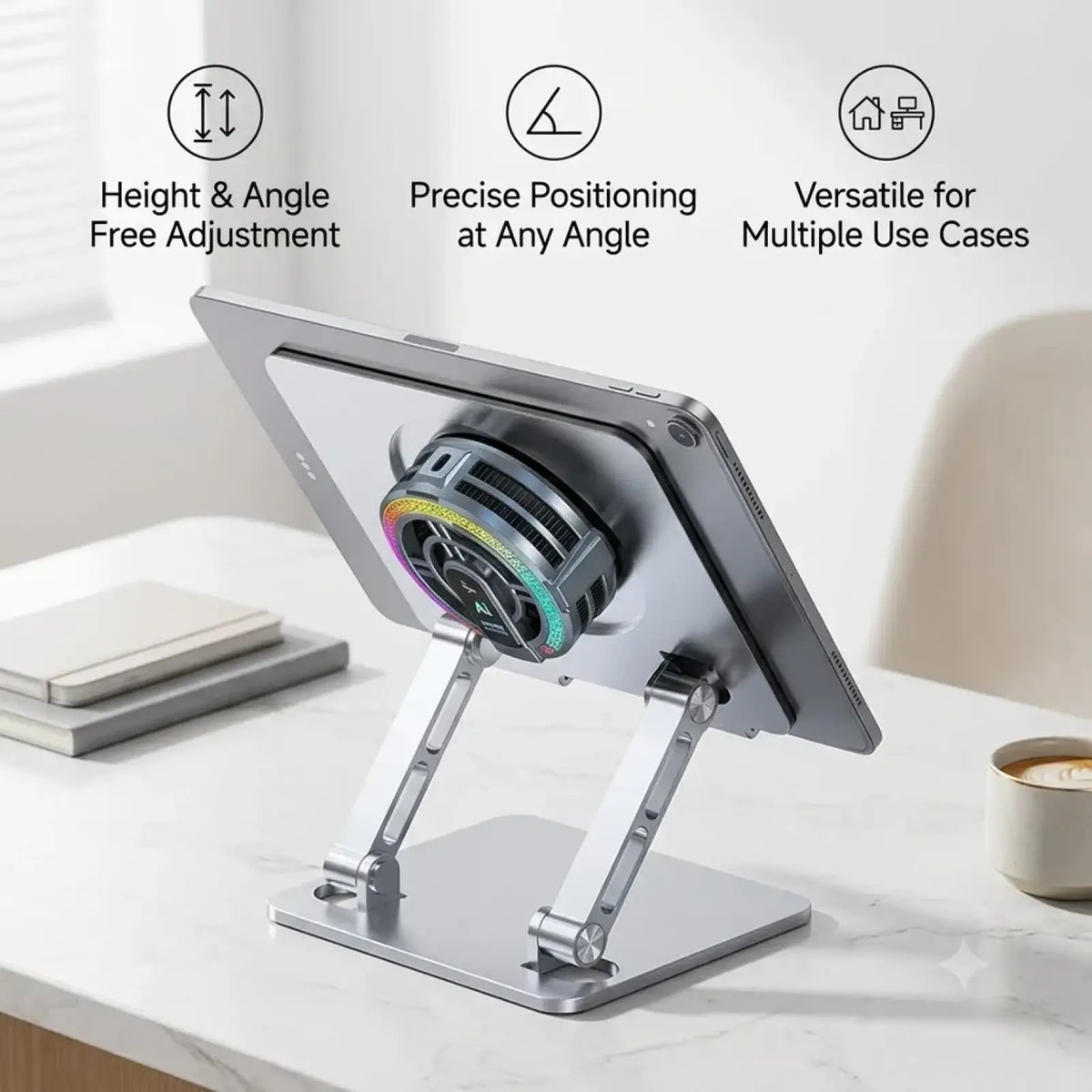 Silver adjustable gaming tablet stand made of metal with built-in cooling fan and rainbow led lighting for enhanced cooling
