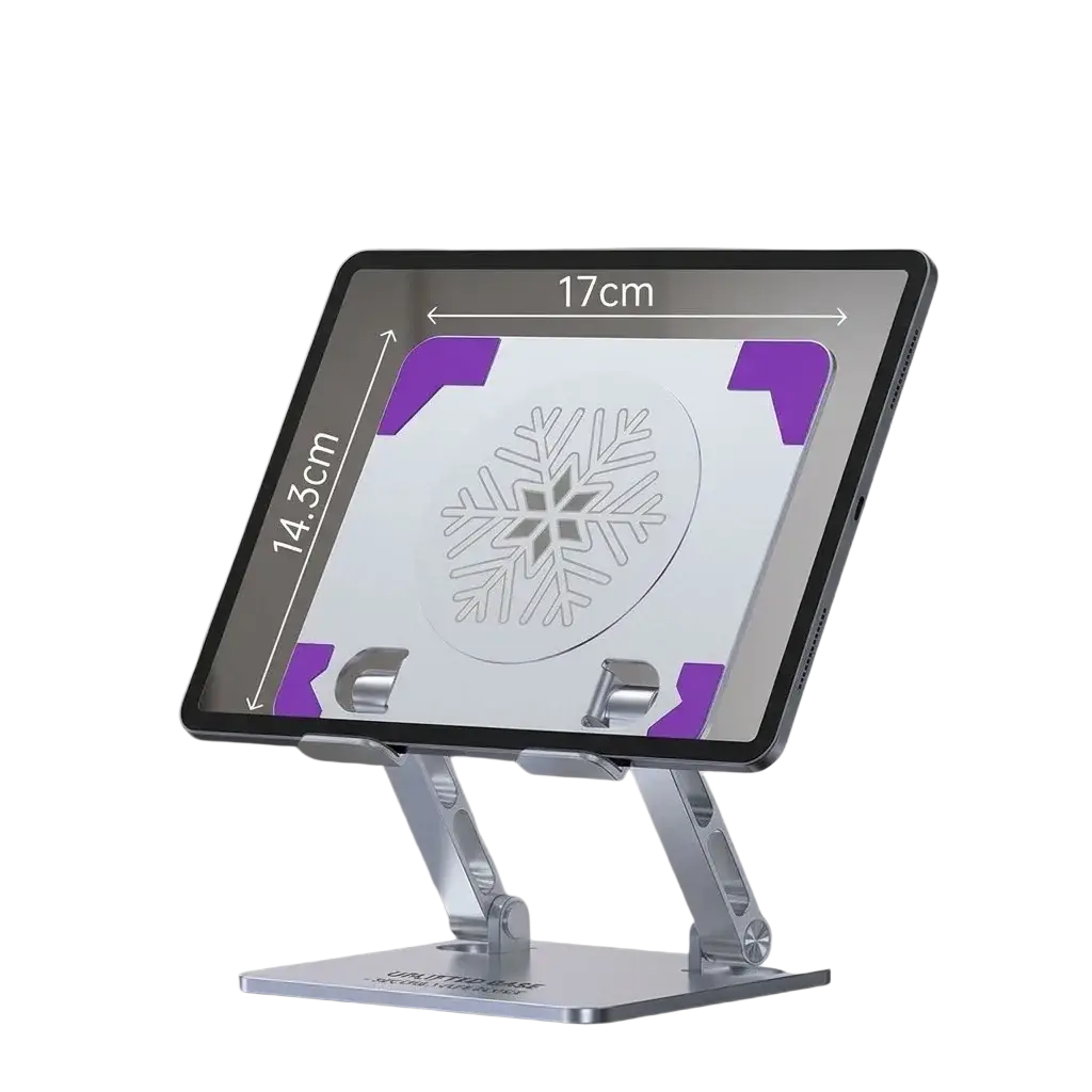 Silver metallic rgb gaming tablet stand with sturdy base and adjustable arms supporting an iPad with cooling fan