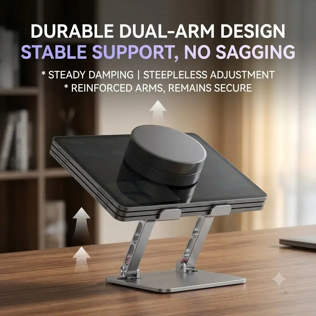 Silver metallic rgb gaming tablet stand with durable dual-arm design supporting black tablet and cooling fan