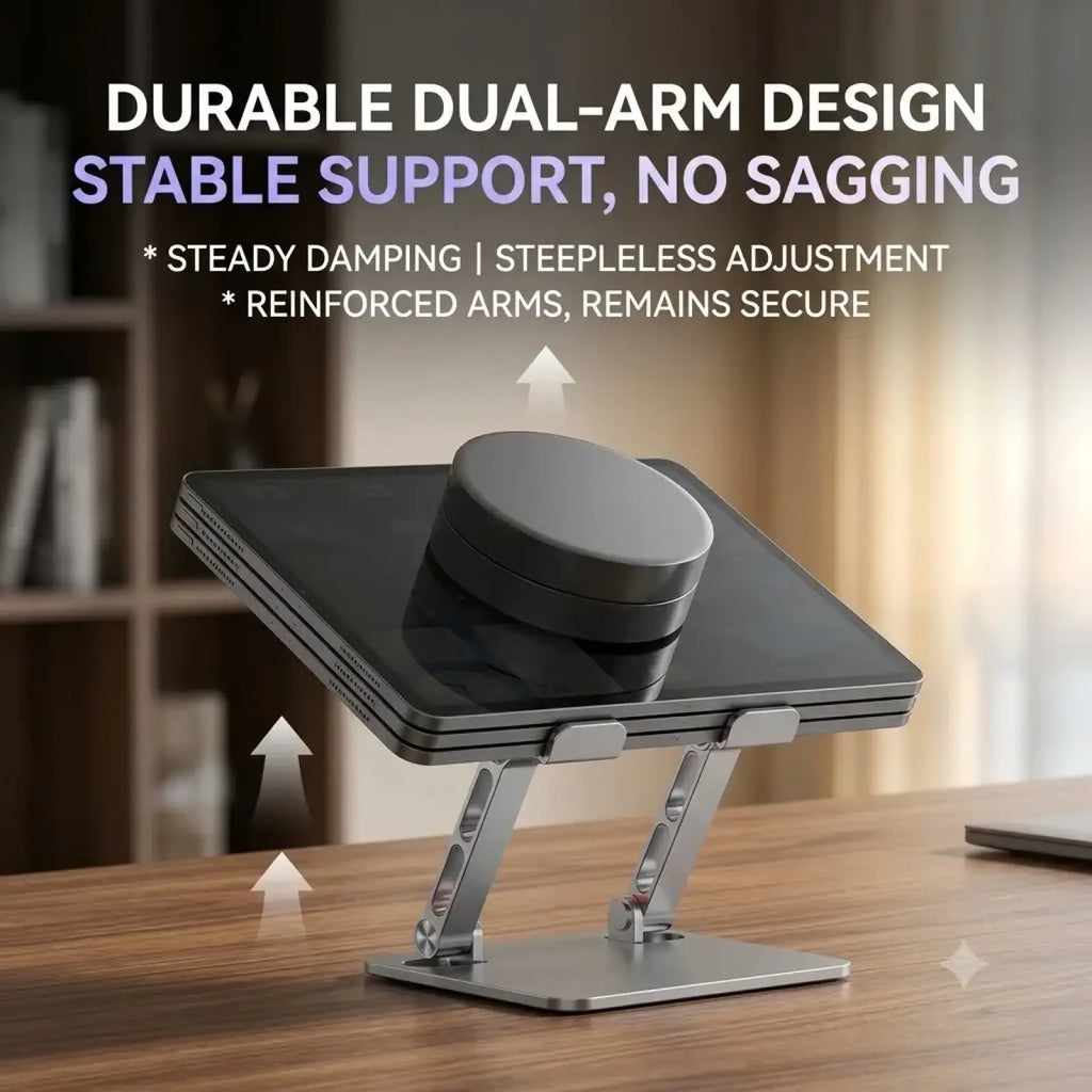 Silver metallic rgb gaming tablet stand with durable dual-arm design supporting black tablet and cooling fan
