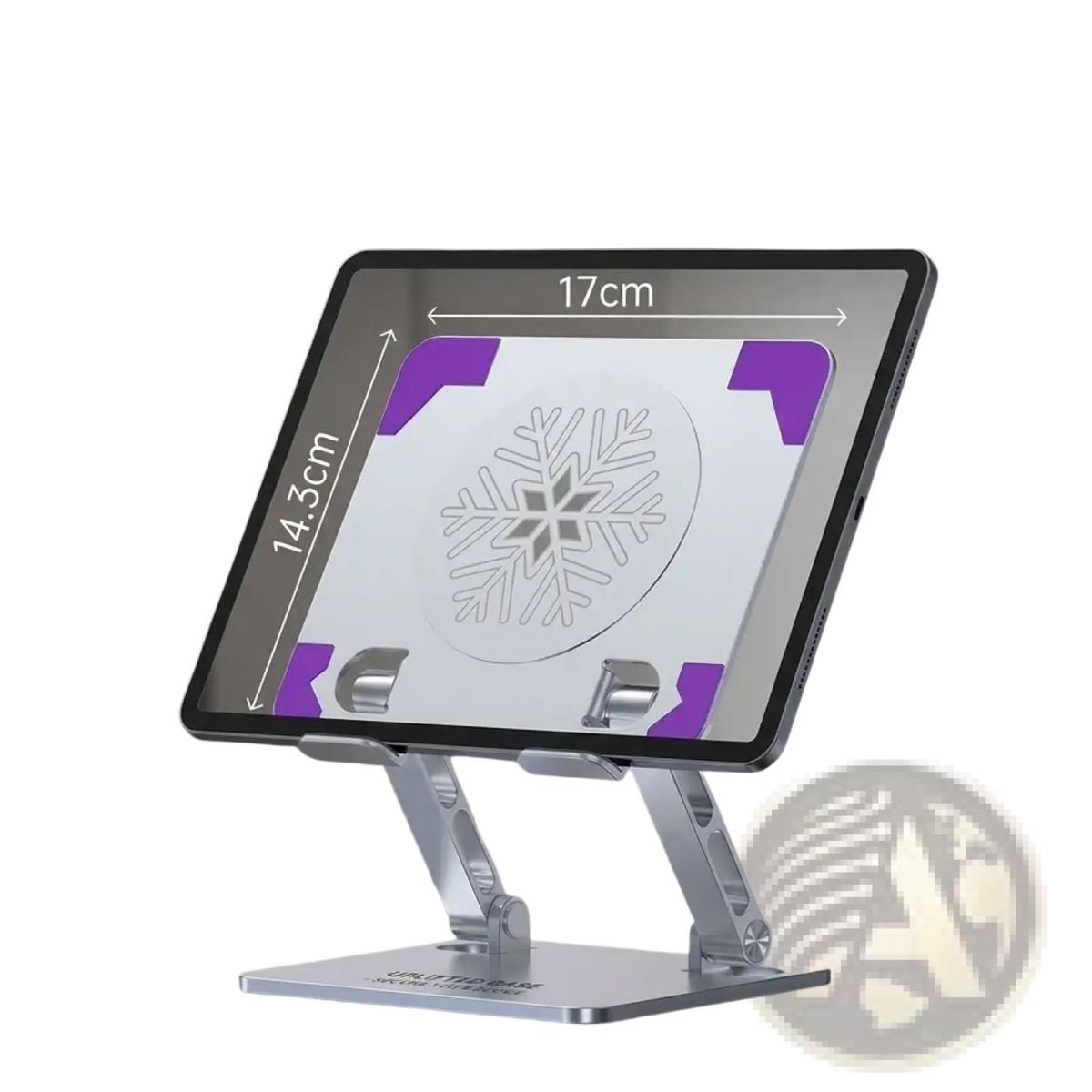 Silver metallic rgb gaming tablet stand with sturdy base and adjustable arms supporting an iPad with cooling fan