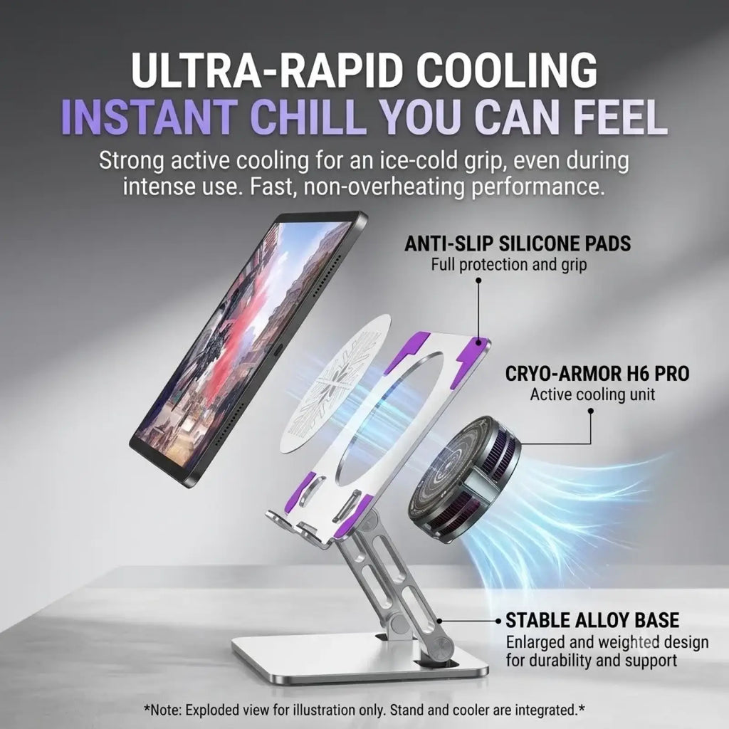 Silver and purple cryo-armor h6 pro active cooling gaming laptop stand with silicone pads and alloy base