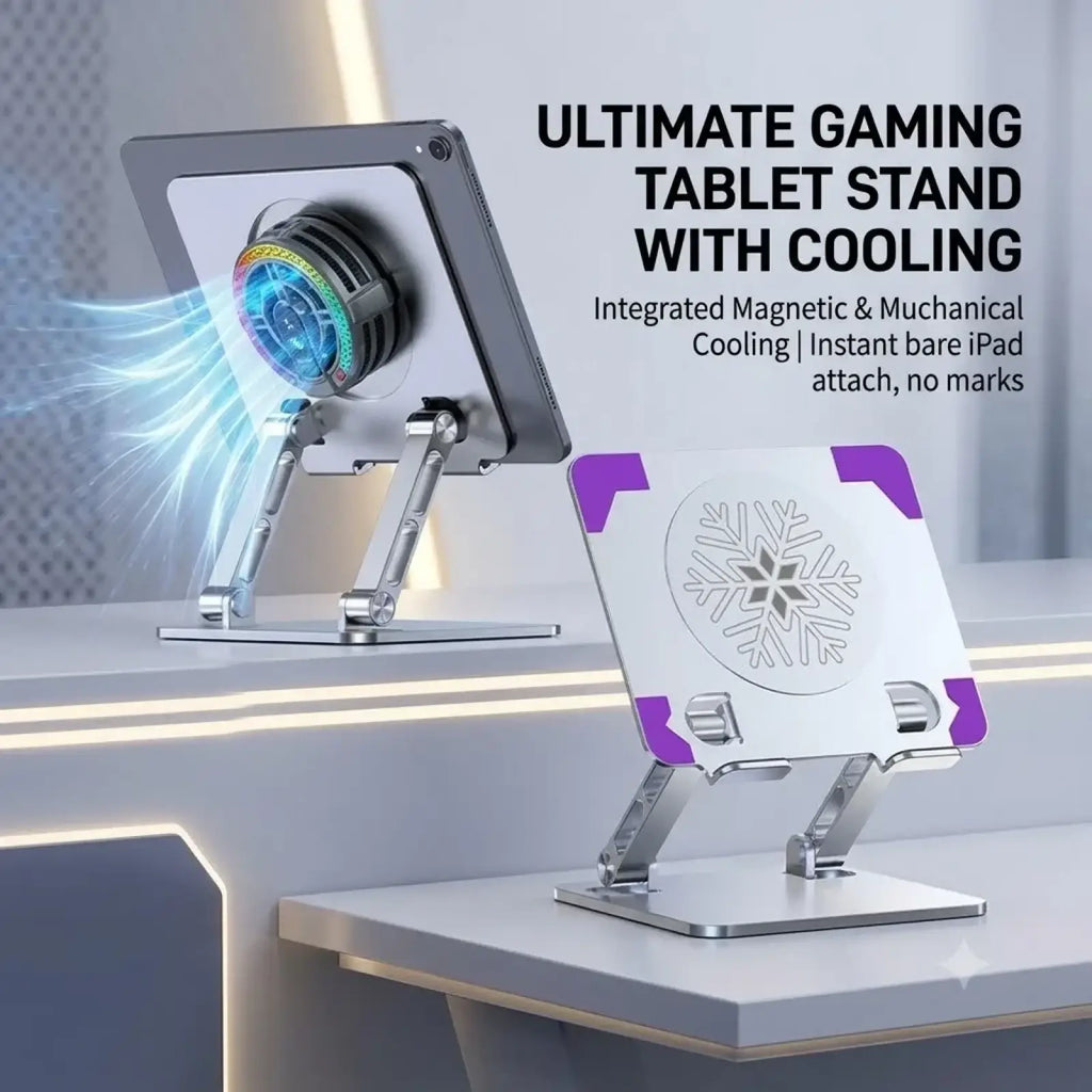 Silver and purple rgb gaming tablet stand with integrated cooling fan and snowflake design for optimal airflow