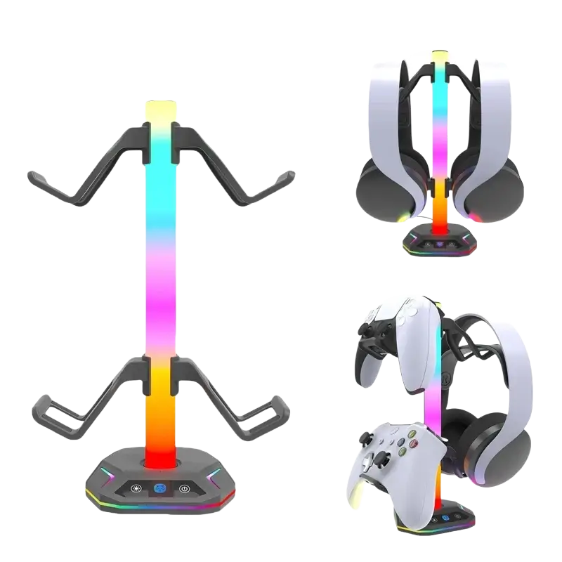 Black plastic rgb headphone stand with rainbow led lighting and control buttons serving as ps5 controller holder