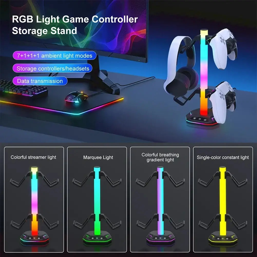 Rgb headphone stand and controller holder for PS5 with rgb light and black and white gaming accessories storage