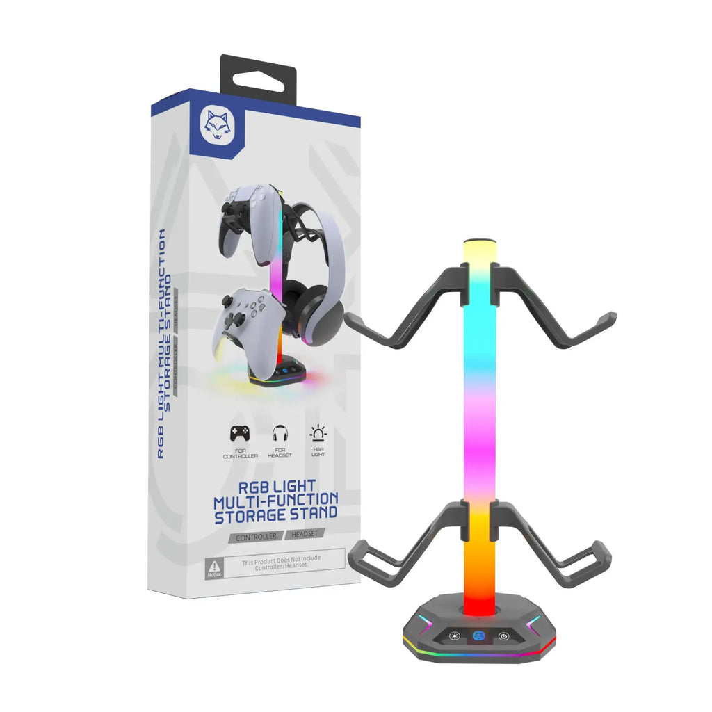 Rgb headphone stand and controller holder for Ps5 with black arms and central column glowing in rainbow colors