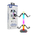 Rgb headphone stand and controller holder for Ps5 with black arms and central column glowing in rainbow colors