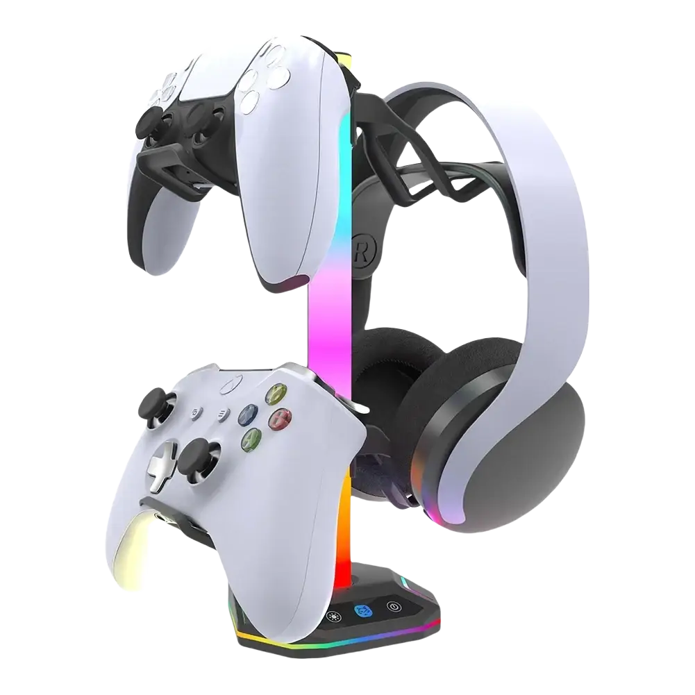 Rgb headphone stand and controller holder in black holding a white playstation 5 and xbox series x controller