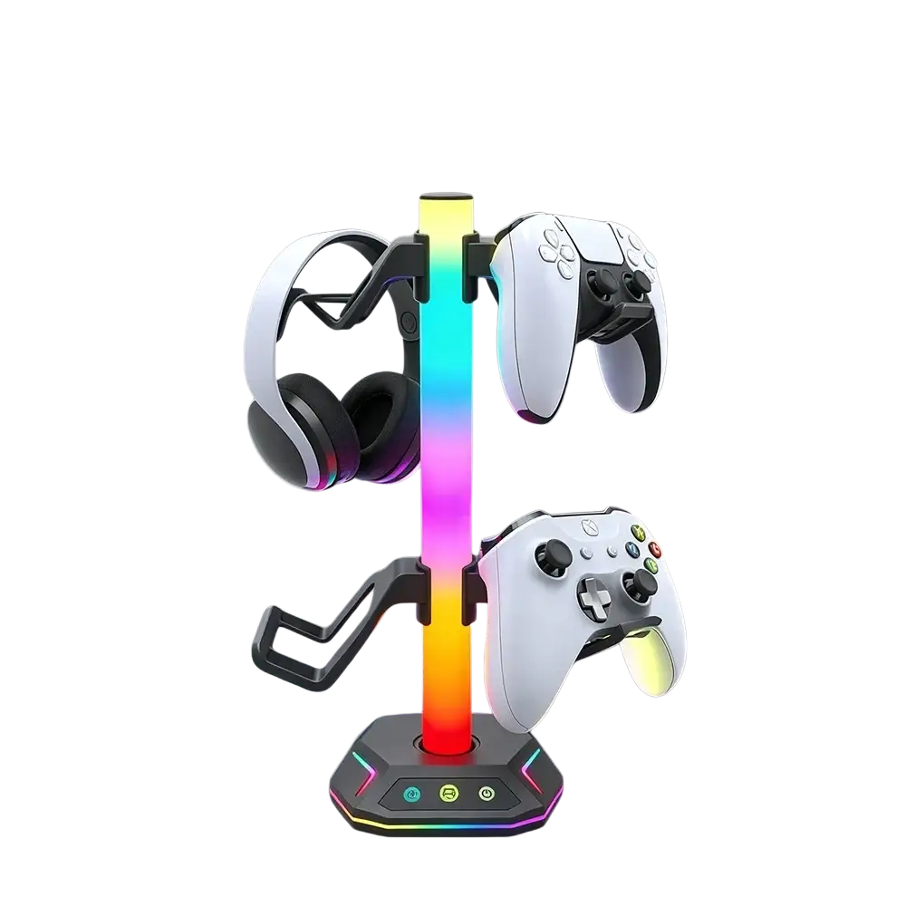 Rgb headphone stand and controller holder for Ps5 with sleek black frame and colorful led lighting for dual devices