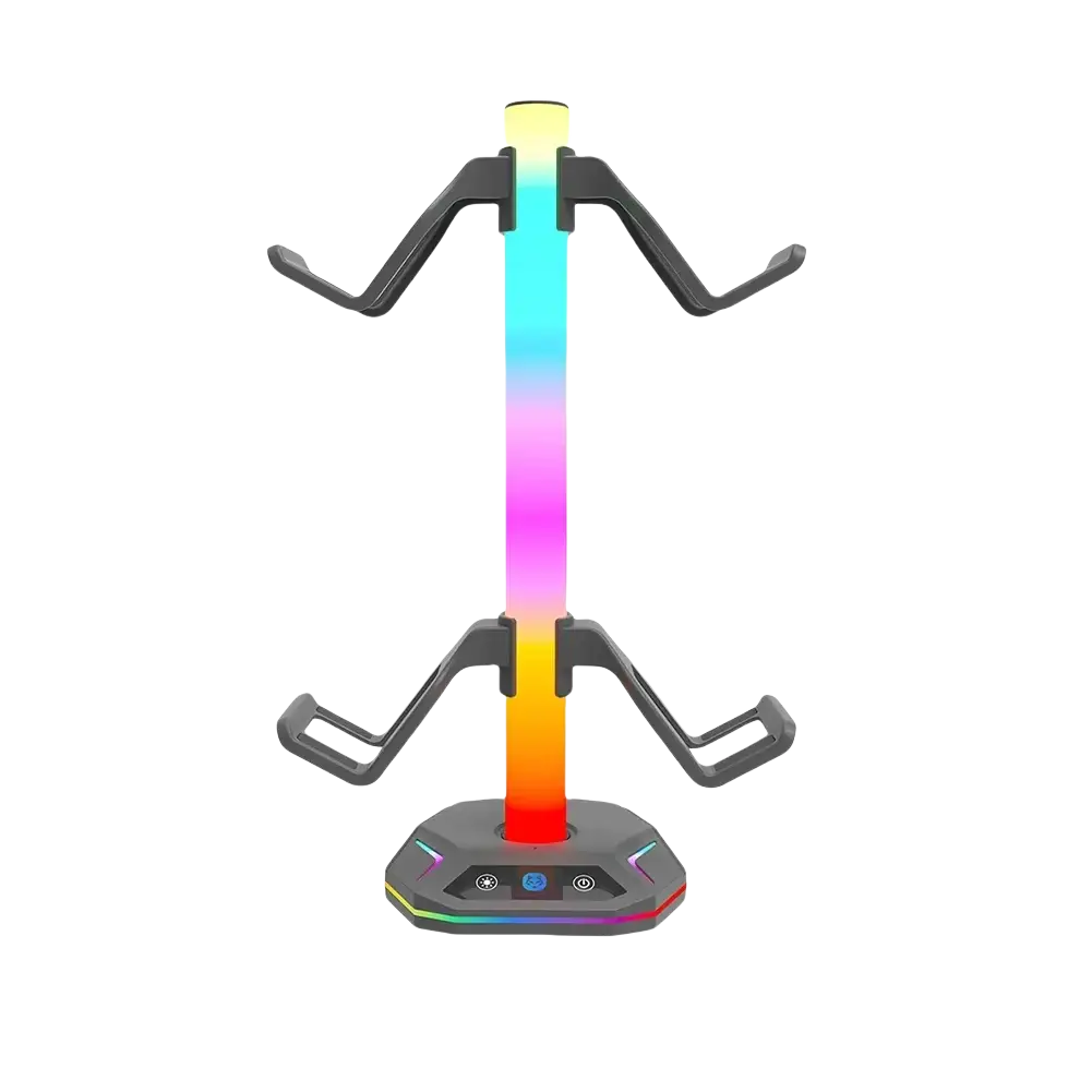 A sleek black rgb headphone stand and controller holder for PS5 with vibrant vertical rainbow LED light strip