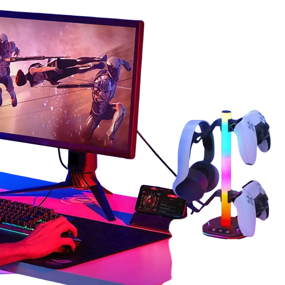 White ps5 controller holder and rgb headphone stand with rainbow led lighting for ps5 accessories organization