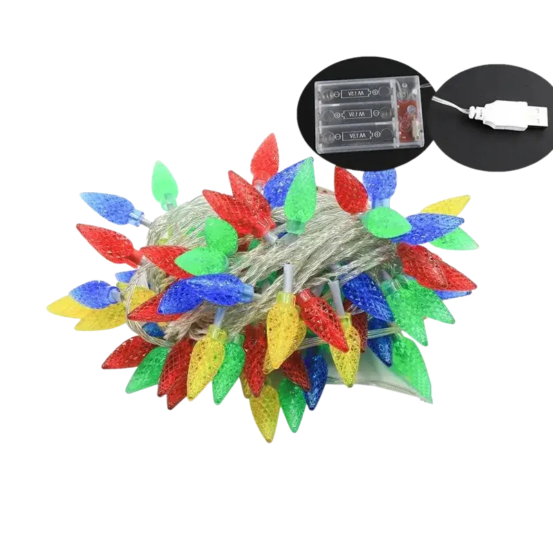 Rgb led christmas wedding string lights with colorful leaf-shaped bulbs, silver wire, usb charger for room decor