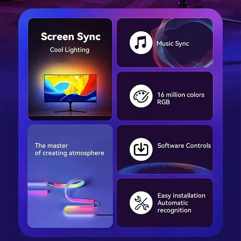 Rgb led strip light with flexible colorful illumination for pc screen ambilight sync and music pickup light