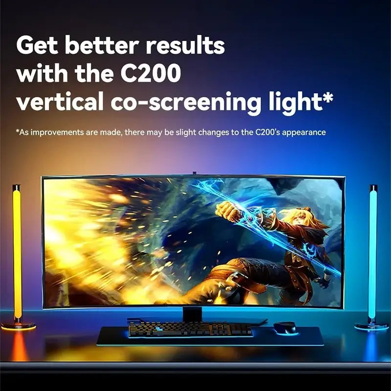 The c200 vertical co-screening led strip features sleek cylindrical tubes with vibrant yellow and blue pickup light for gaming