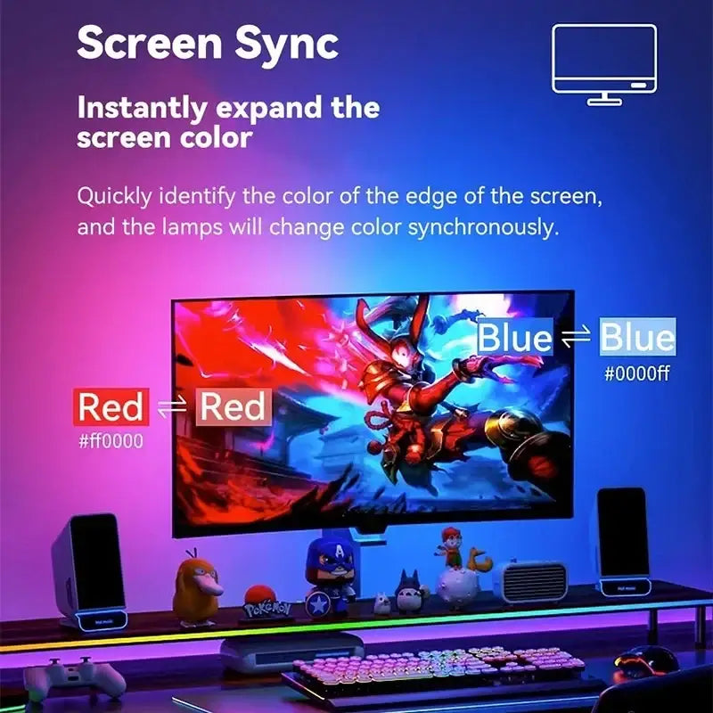 A sleek led strip light strip for pc screen ambilight sync displaying a vibrant animated character in red and blue hues